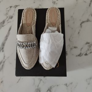 Shoedazzle Daphney Boho Espadrilles Beige Linen Embellished Slip-On Loafers